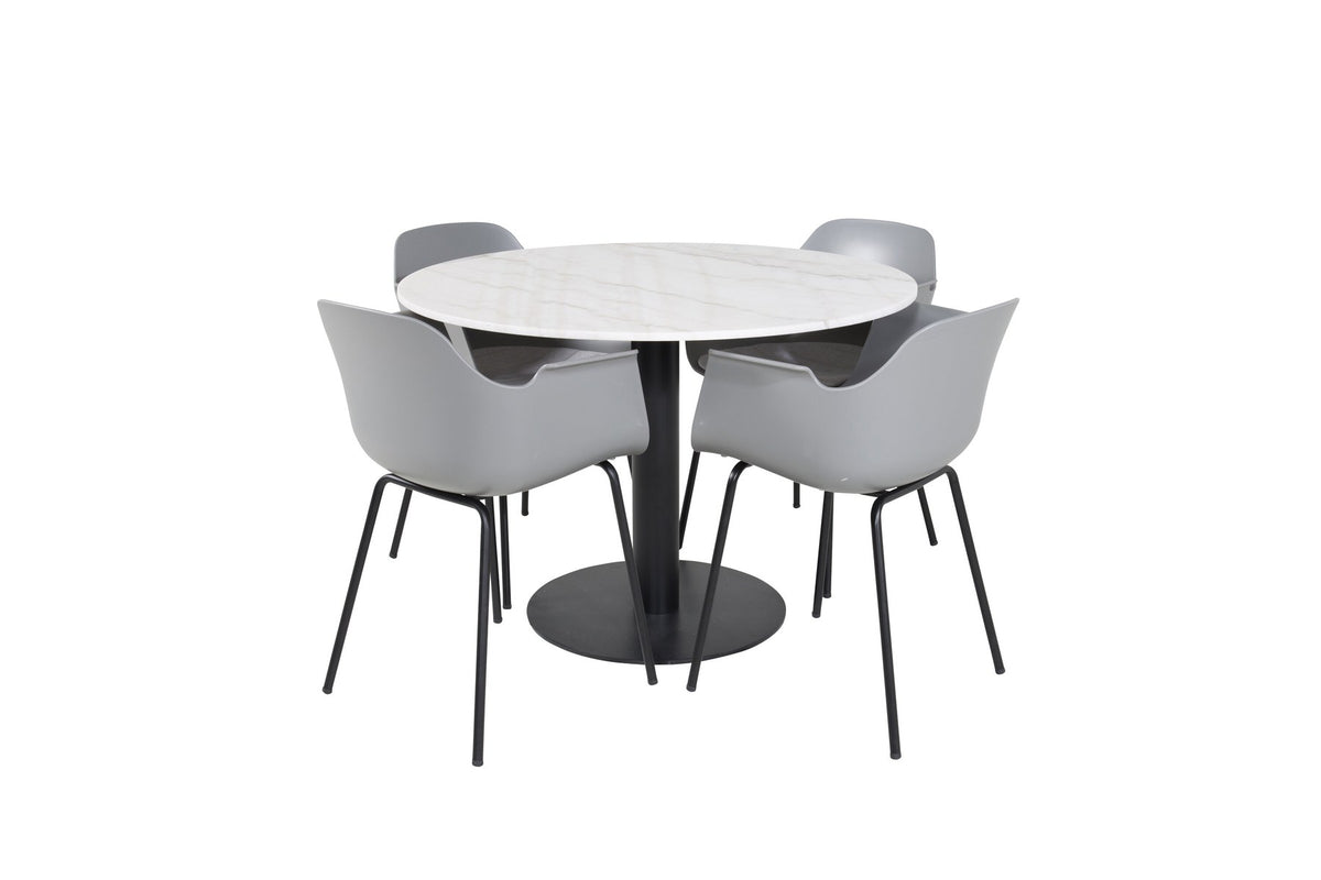 Bartischset Estelle mit weisser Marmor-Tischplatte auf Stahlgestell und schwarzen Comfort-Stühlen mit Polyesterbezug in Grau.