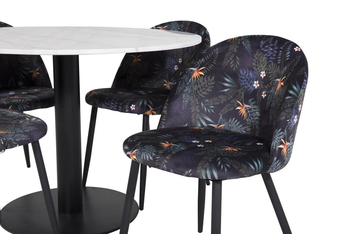 Esszimmertisch Estelle mit weisser Marmorplatte und Stahlgestell, dazu Samtstühle der Velvet-Serie mit schwarz pulverbeschichtetem Gestell