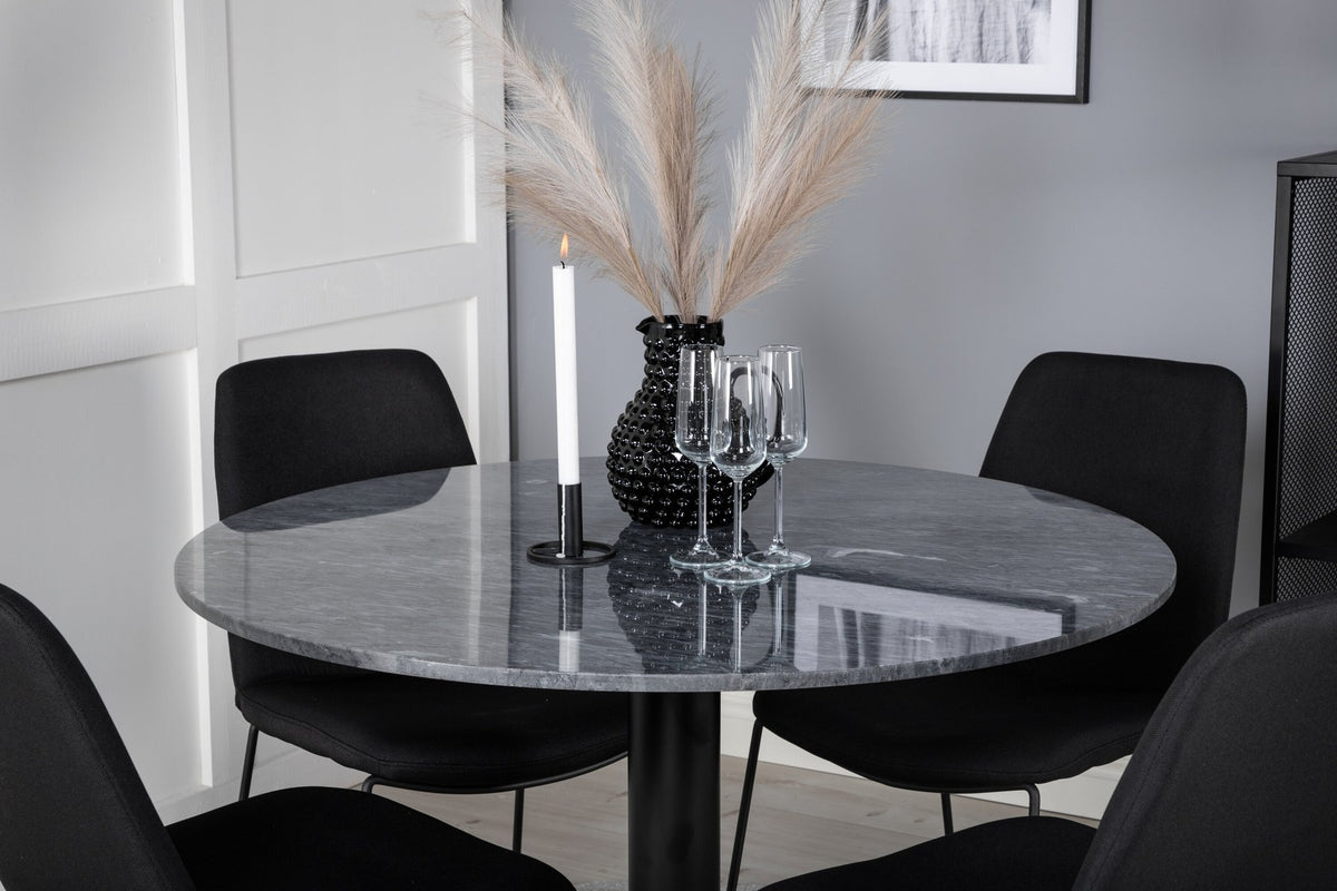Bartischset Estelle: runder Marmor-Tisch mit Stahlgestell in Schwarz, dazu Muce-Stühle mit gepolstertem Polyesterbezug und Stahlrahmen.
