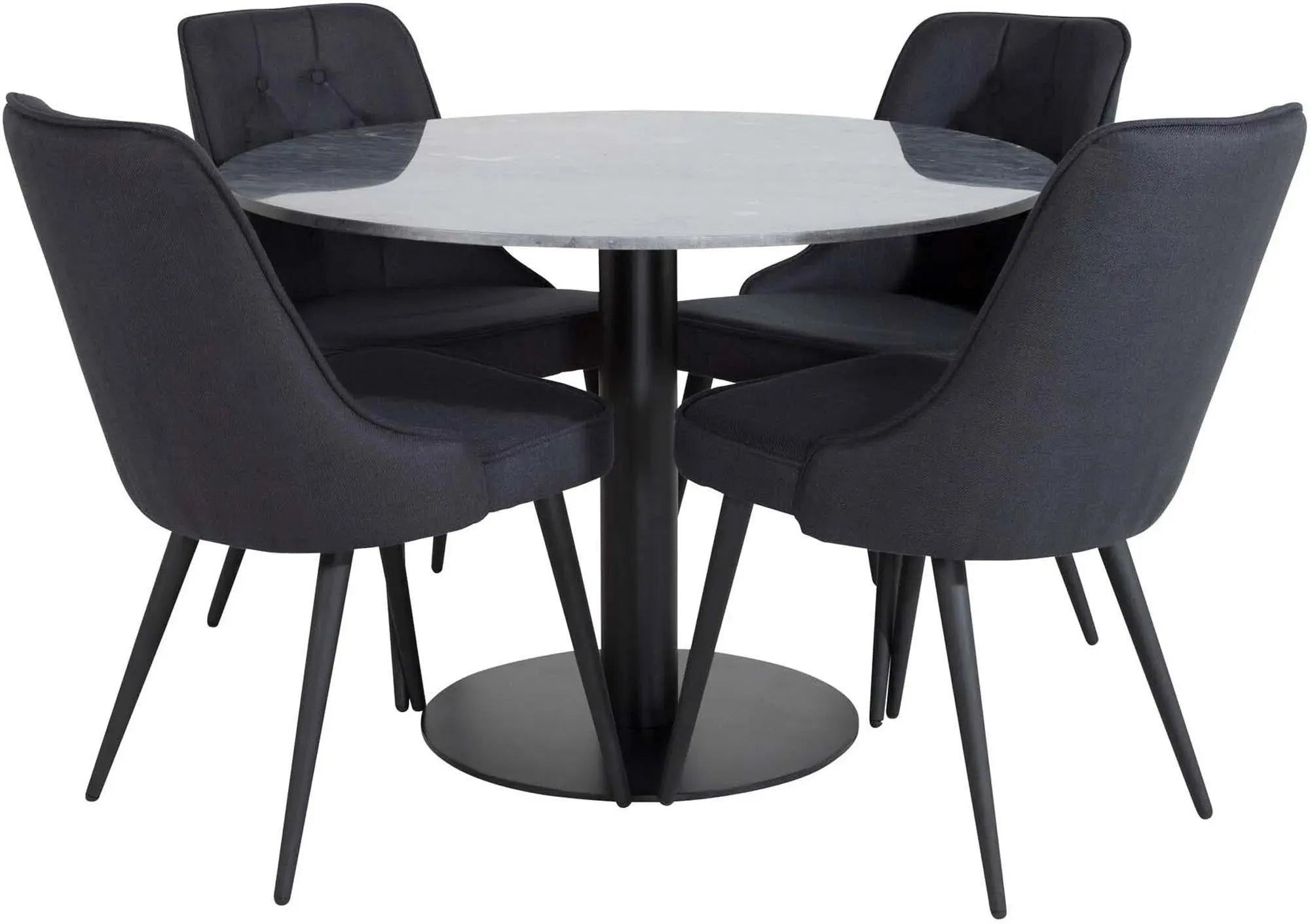 Luxuriöses Esszimmerset mit rundem Tisch und vier Samtstühlen.