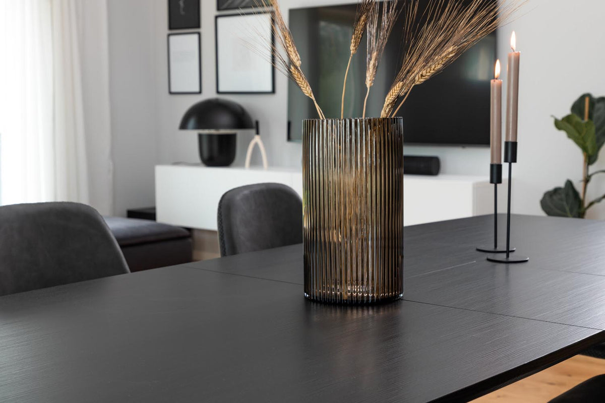 Schwarzes Inca Esszimmerset von Venture Home: ausziehbarer Tisch aus MDF, Sperrholz und Stahl mit sechs passenden Stühlen der Serie Polar