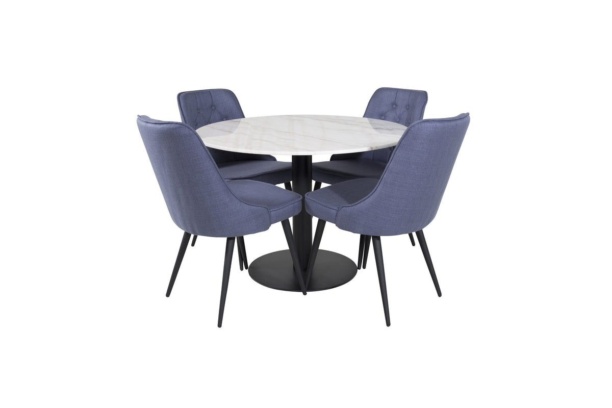 Runder Esstisch mit weisser Marmorplatte und Stahlbeinen, daneben zwei gepolsterte Stühle in Blau mit schwarzem Metallgestell.