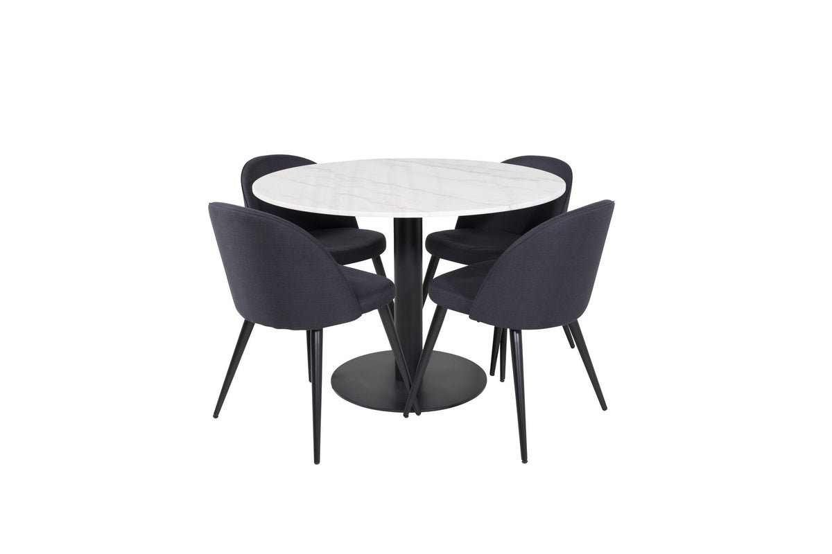 Esszimmertisch Estelle mit weisser Marmorplatte und Stahlgestell, dazu Samtstühle der Velvet-Serie mit schwarz pulverbeschichtetem Gestell