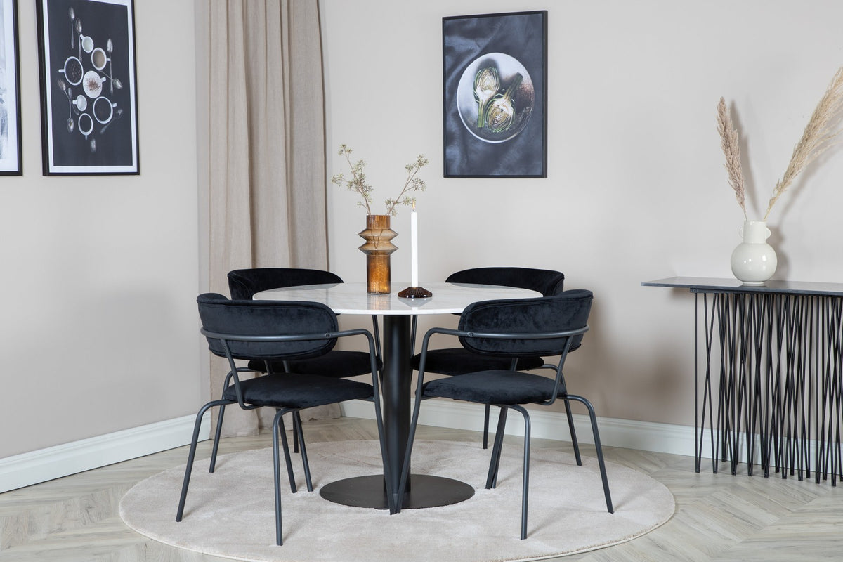 Rundes Esszimmerset aus weisser Marmortischplatte mit Stahlgestell und zwei schwarzen, pulverbeschichteten Stühlen der Arrow-Serie von Venture Home.