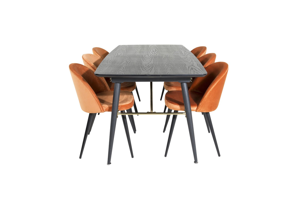 Esszimmerset mit schwarzer MDF-Tischplatte, Stahlbeinen und sechs Velvet-Stühlen in Rostorange mit schwarzem Metallgestell.