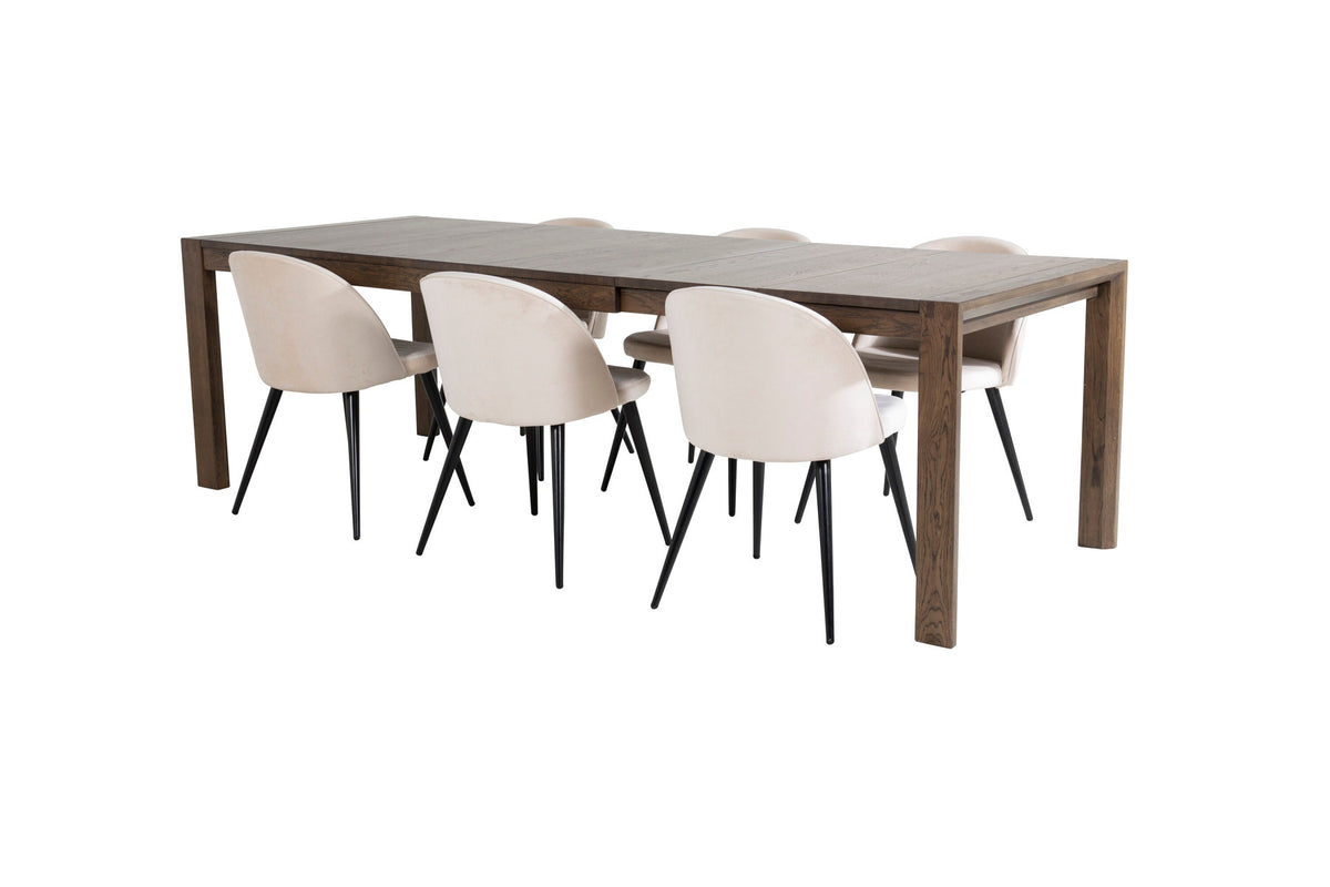 Esszimmerset Slider & Velvet mit rechteckigem Eichentisch und zwei Polsterstühlen