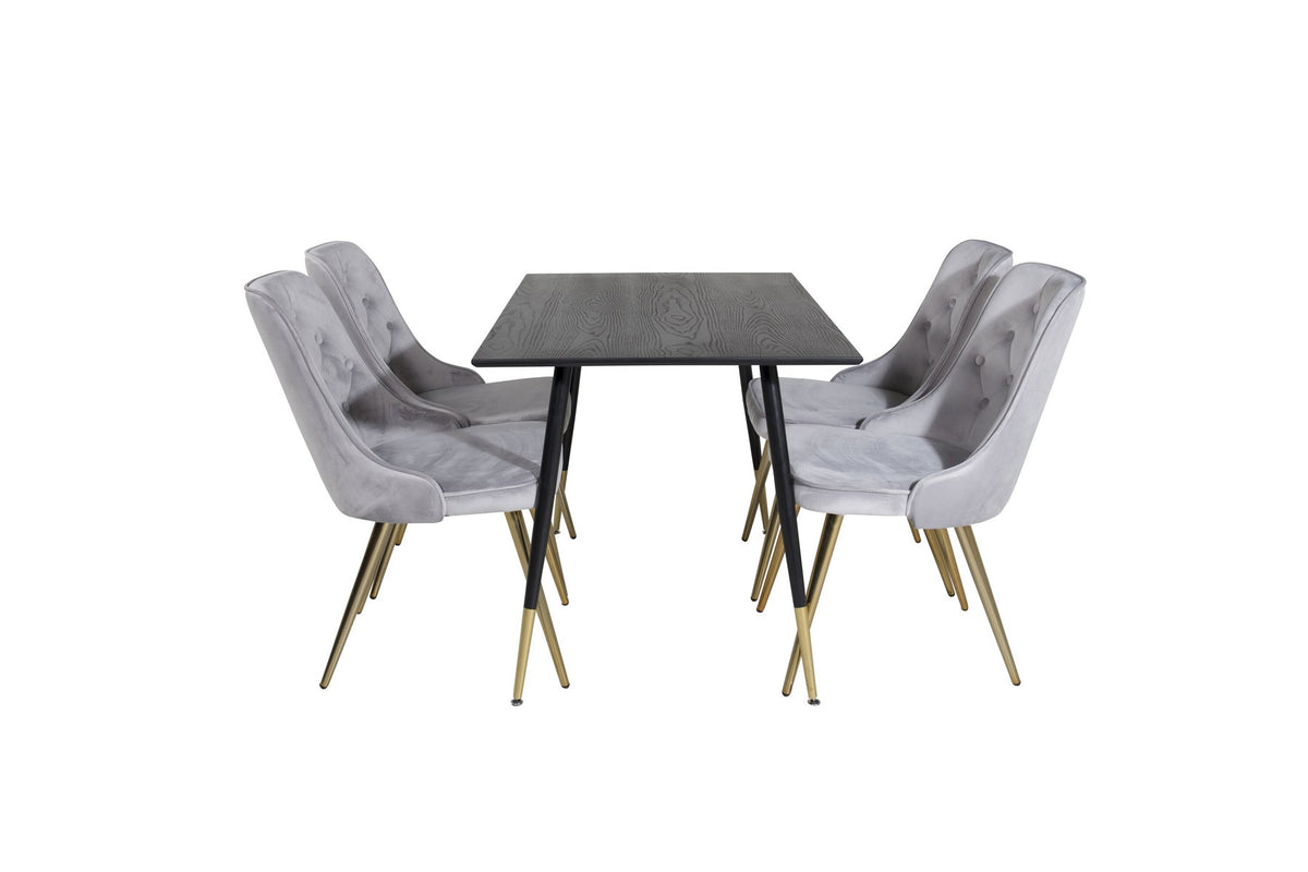 Esszimmerset Dipp & Velvet Deluxe von Venture Home: Esstisch mit schwarzer Tischplatte und Stahlbeinen, dazu vier Stühle in Grau.
