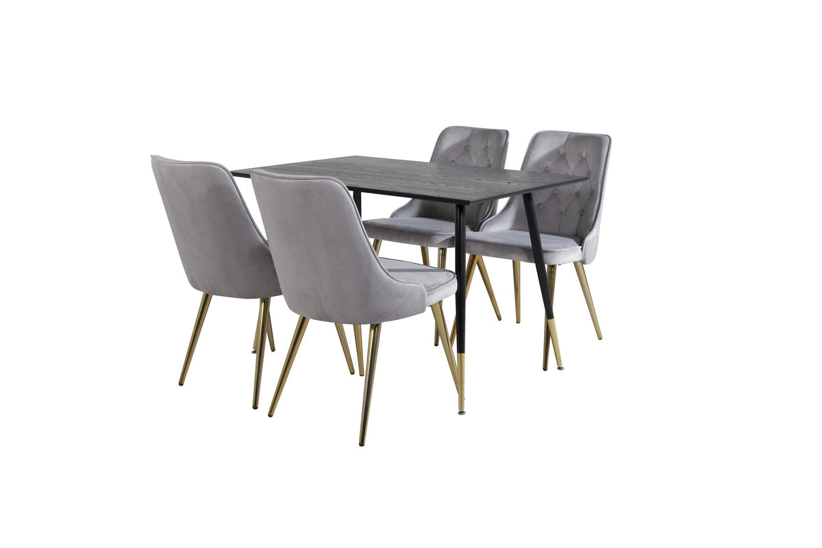 Esszimmerset Dipp & Velvet Deluxe von Venture Home: Esstisch mit schwarzer Tischplatte und Stahlbeinen, dazu vier Stühle in Grau.