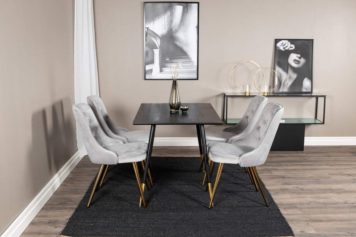 Esszimmerset Dipp & Velvet Deluxe von Venture Home: Esstisch mit schwarzer Tischplatte und Stahlbeinen, dazu vier Stühle in Grau.