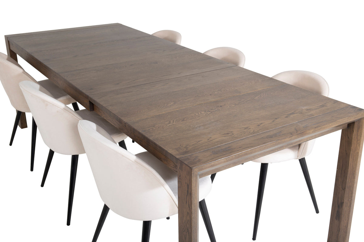 Esszimmerset Slider & Velvet mit rechteckigem Eichentisch und zwei Polsterstühlen