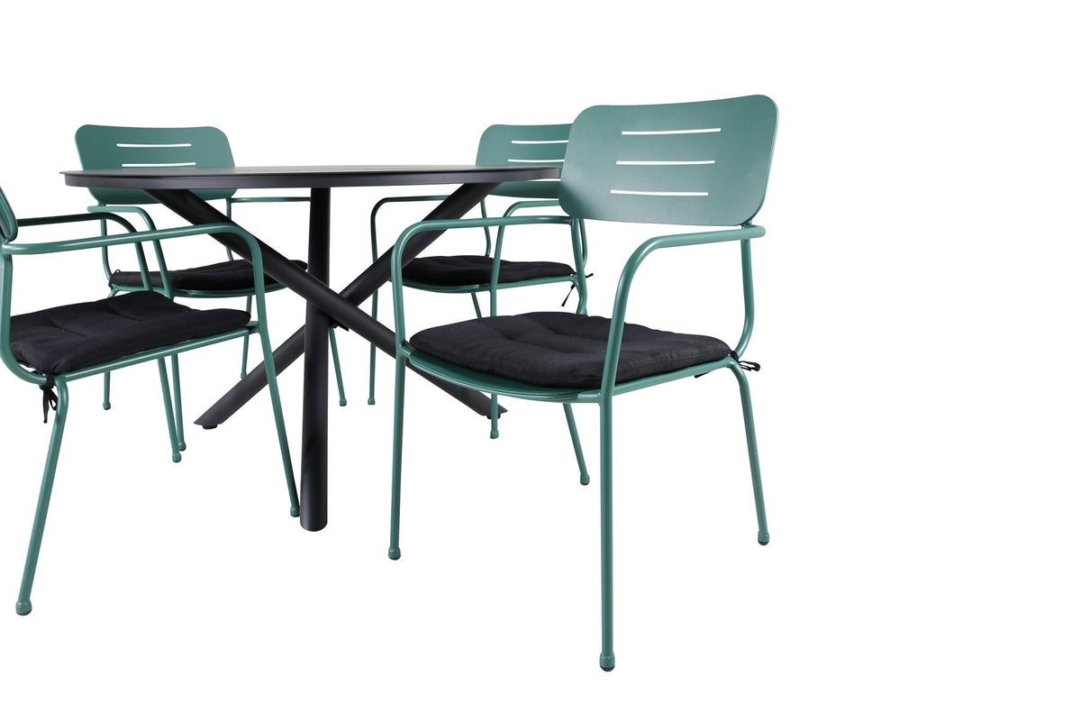 Zwei grüne Aluminium-Stühle mit Polsterbezug und ein runder schwarzer Aluminiumtisch mit Stahlbeinen, Gartentischset von Venture Home.