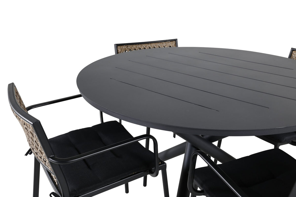 Runder Esstisch Ø120 cm aus schwarzem Aluminium mit vier Gartenstühlen aus Aluminium und Polyesterbezug in Naturfarbe im Aussenbereich.