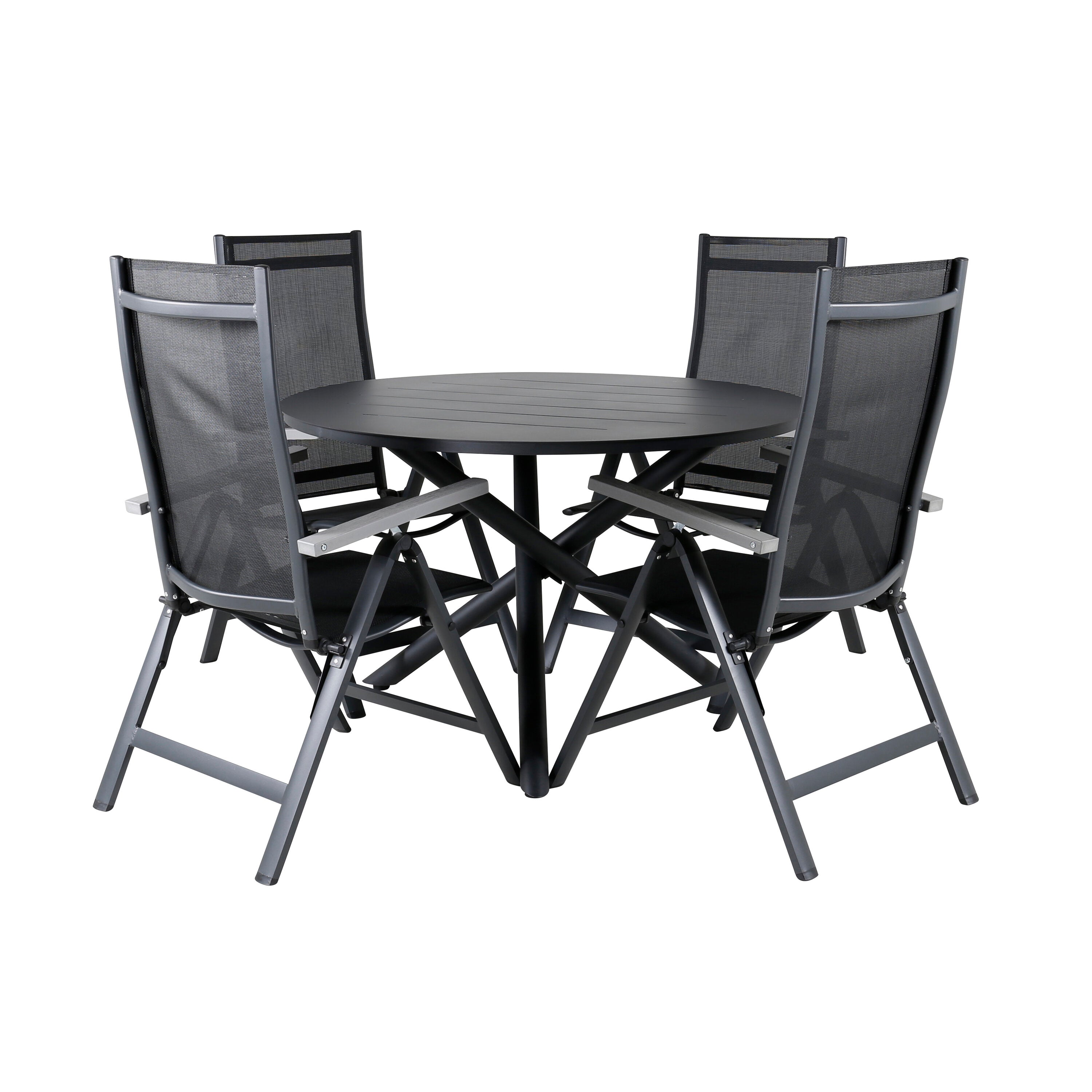 Alma Outdoor-Tischset + Albany ⌀120cm/4St. in Schwarz präsentiert im Onlineshop von KAQTU Design AG. Gartentischset ist von Venture Home
