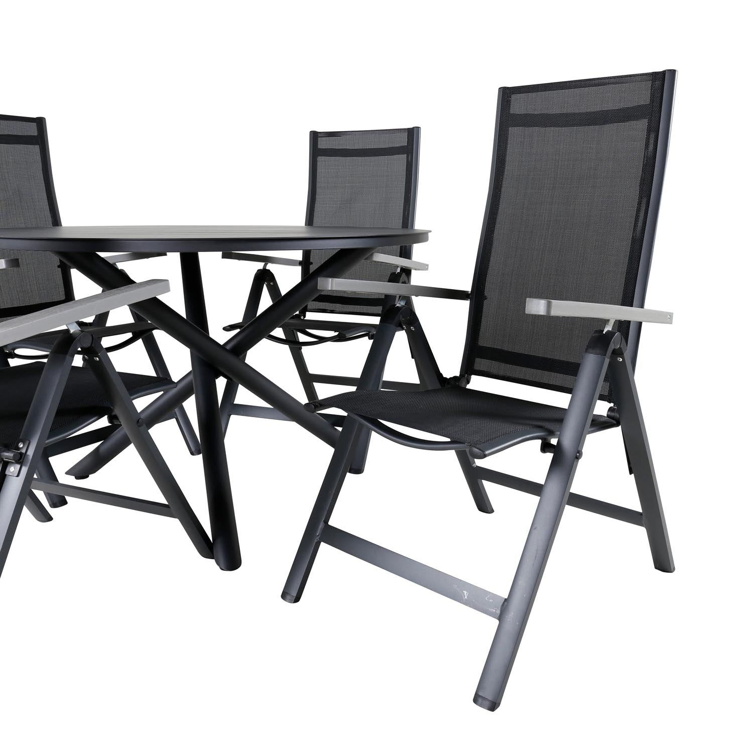 Alma Outdoor-Tischset + Albany ⌀120cm/4St. in Schwarz präsentiert im Onlineshop von KAQTU Design AG. Gartentischset ist von Venture Home