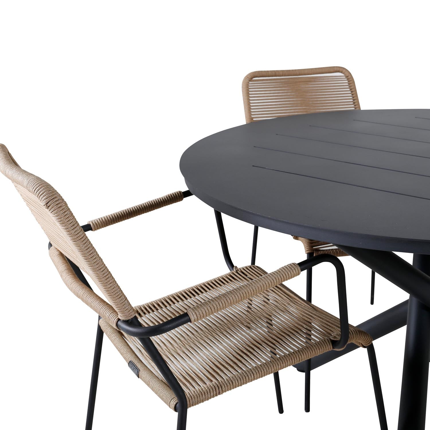 Alma Outdoor-Tischset + Lindos ⌀120cm/4St. in Schwarz Braun präsentiert im Onlineshop von KAQTU Design AG. Gartentischset ist von Venture Home