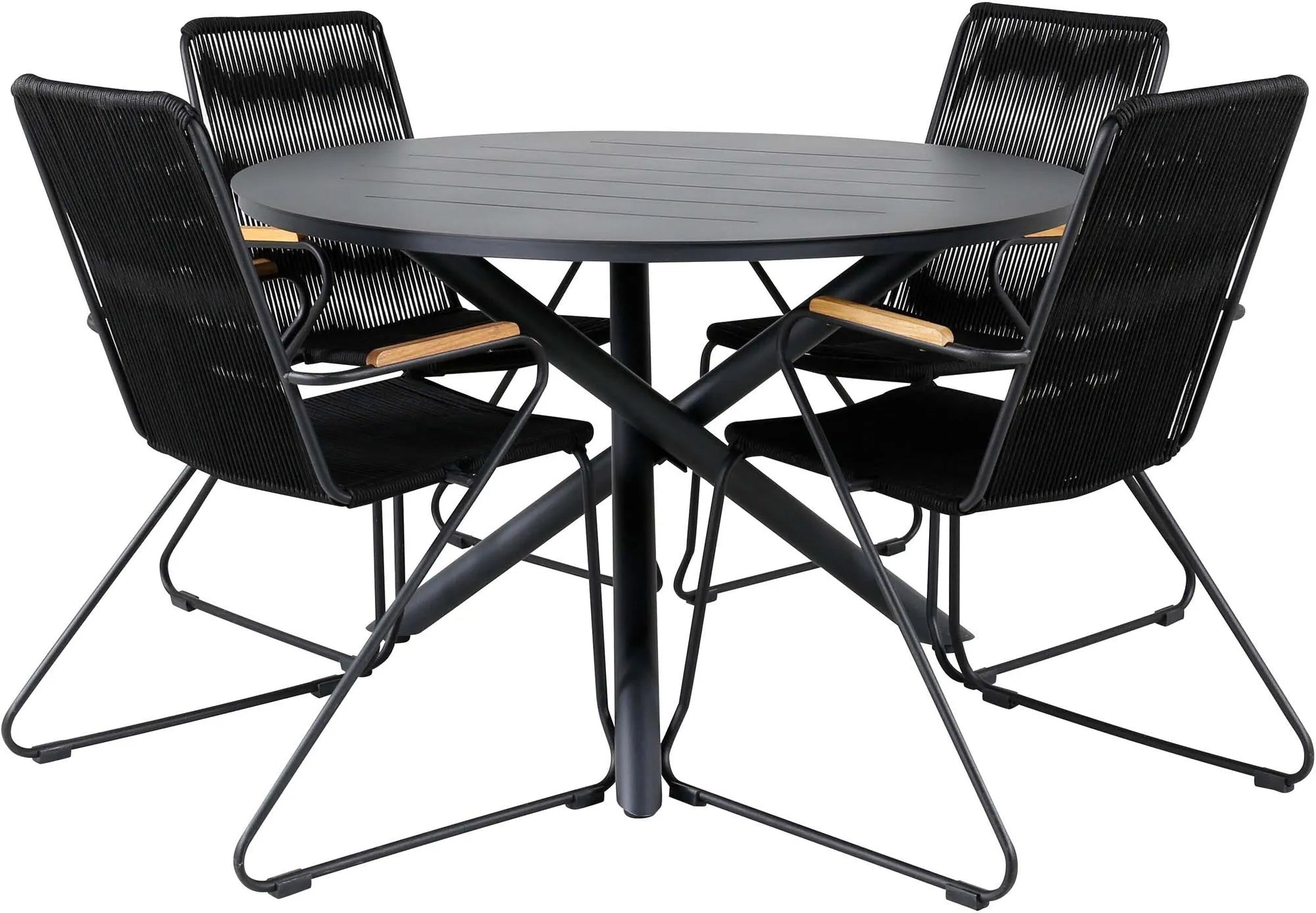Stilvolles Alma Outdoor-Tischset: Robuster Alu-Tisch & komfortable Teakholz-Stühle für gesellige Runden im Freien.