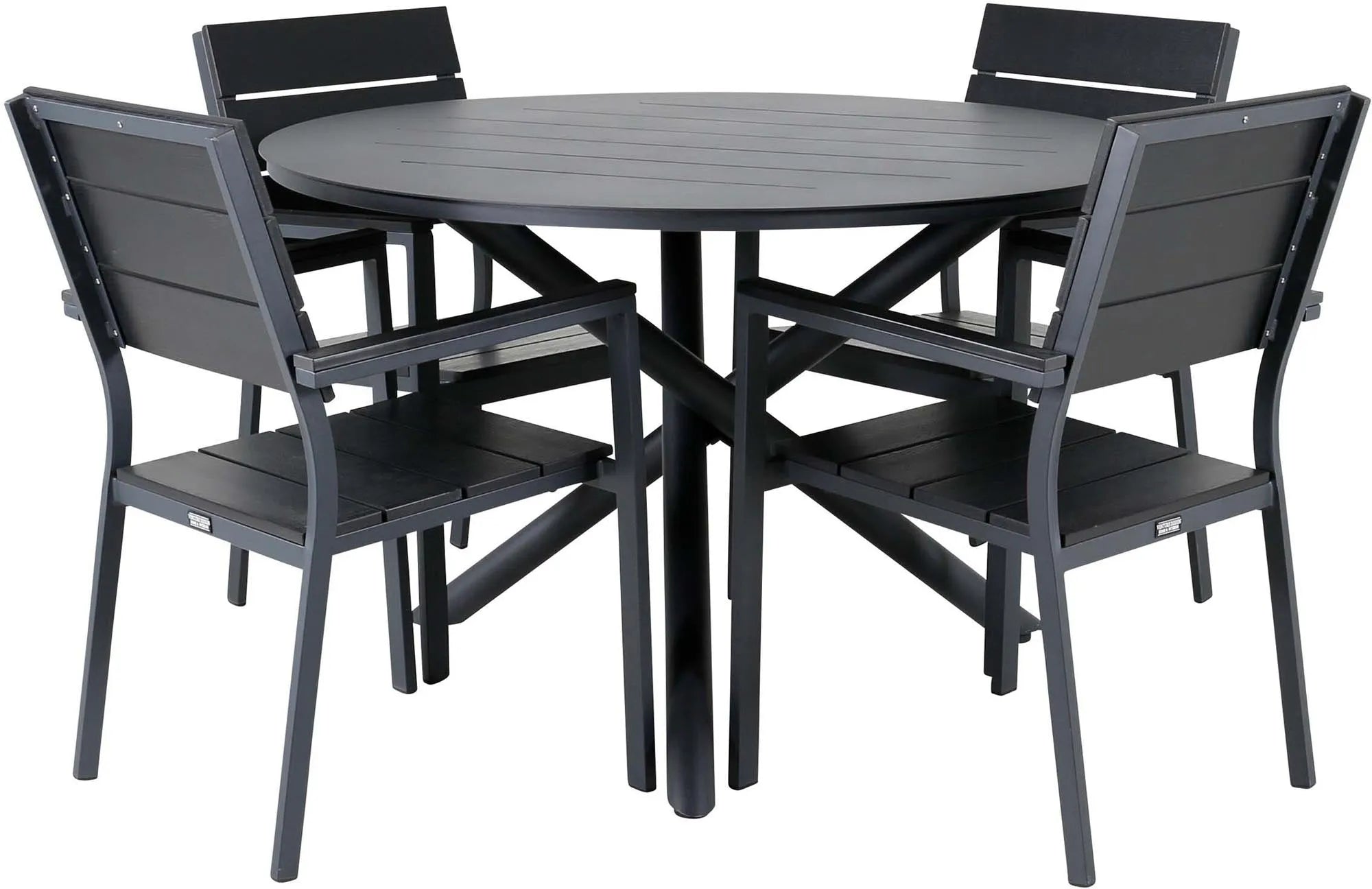 Stilvolles Alma Outdoor-Tischset von Venture Home: Robuster, wetterfester Tisch & komfortable, stapelbare Levels-Sessel aus Aluminium.