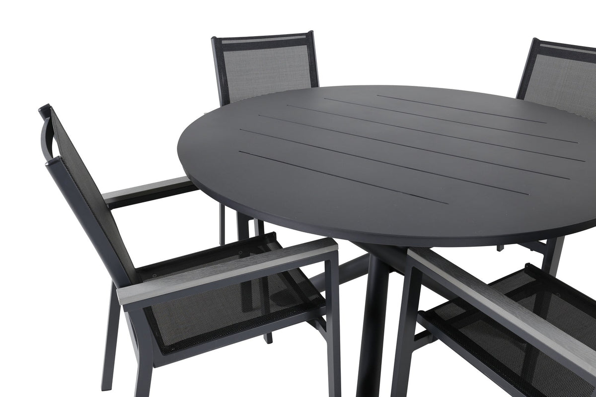 Runder Esstisch ⌀120 cm aus schwarzem Aluminium mit zwei stapelbaren Esszimmerstühlen mit Armlehnen aus grauem Aintwood, Farbe Schwarz.