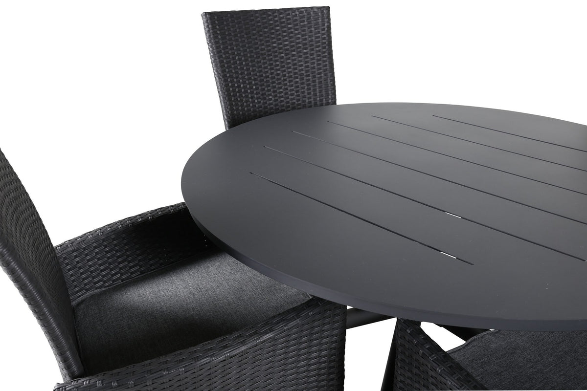 Runder Gartentisch Ø120 cm aus schwarzem Aluminium mit zwei schwarzen Relaxstühlen aus Aluminium und Geflecht, Polyesterbezug.