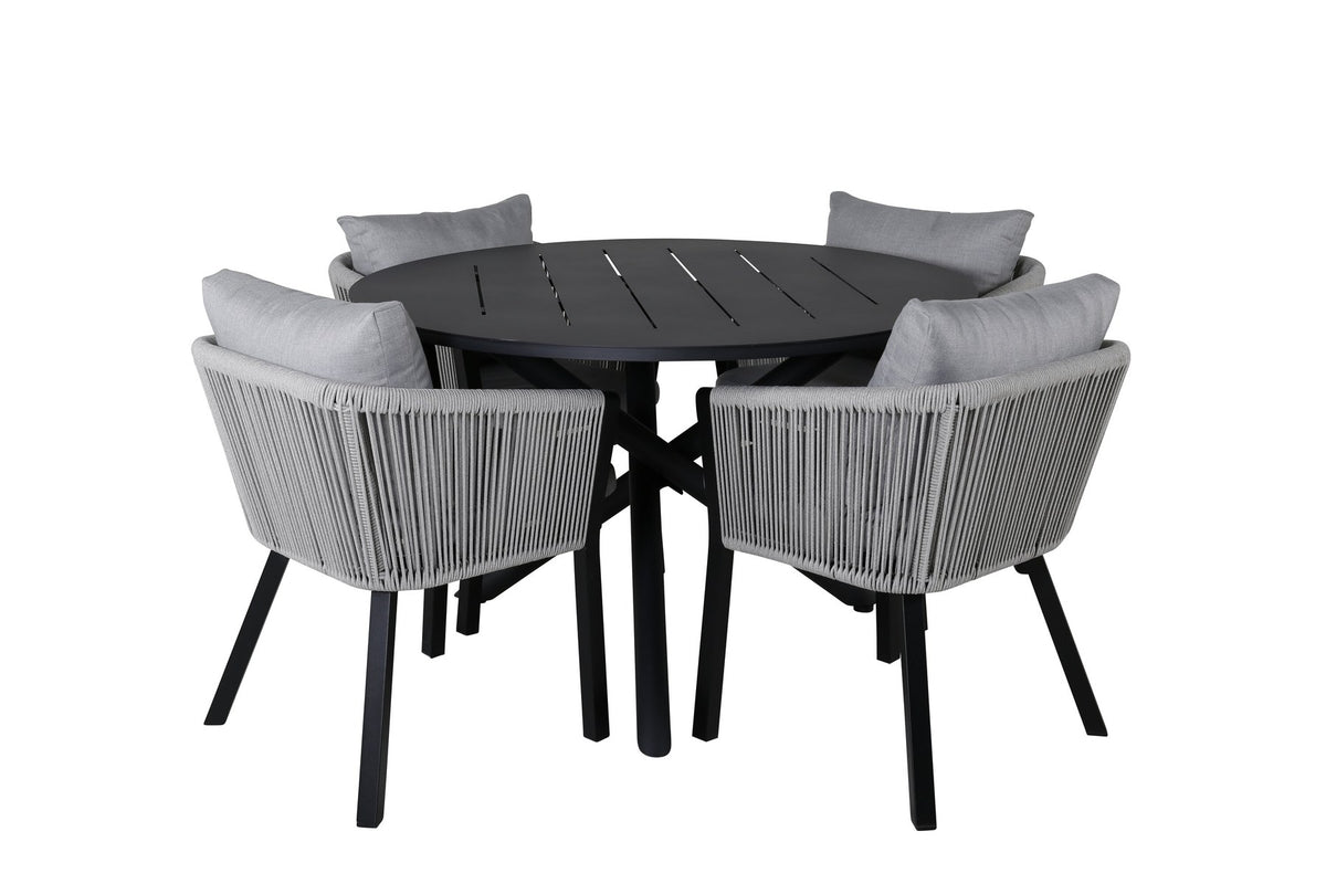 Runder Gartentisch Alma aus schwarzem Aluminium mit Ø120 cm und zwei Esszimmerstühlen der Serie Virya mit grauem Seilbezug und Alu-Gestell.