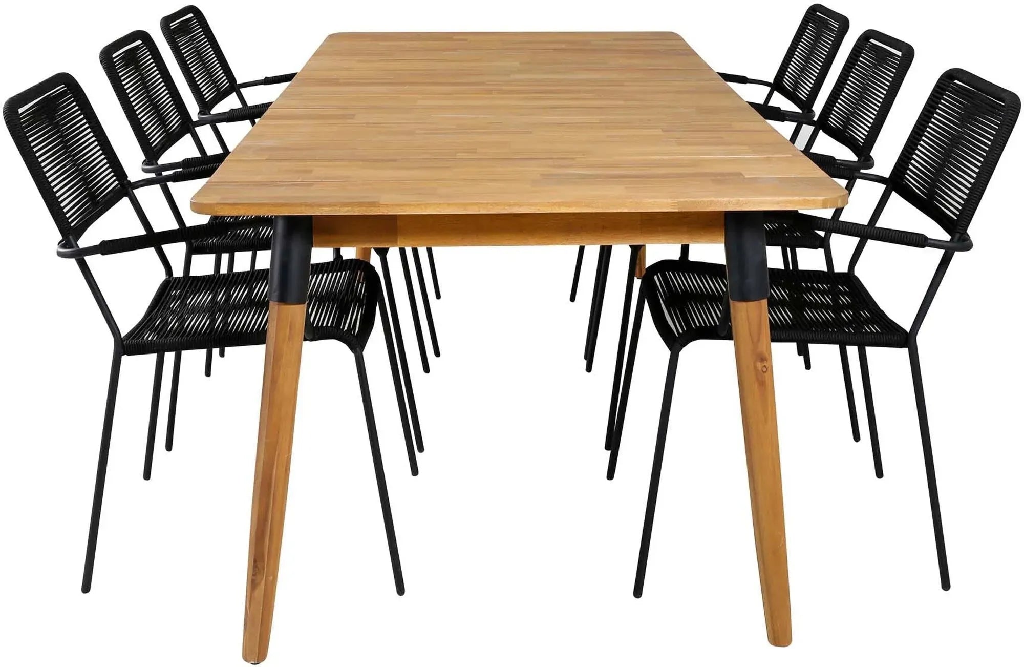 Elegantes Julian Outdoor-Tischset mit robustem Akazienholztisch und bequemen Lindos Armchairs aus schwarzem Seil.