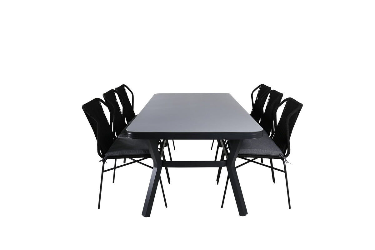 Vier schwarze Esszimmerstühle aus Textilene mit Pulverbeschichtung und rechteckiger Esstisch 200x100 cm mit grauer Mattglasplatte, stapelbar.