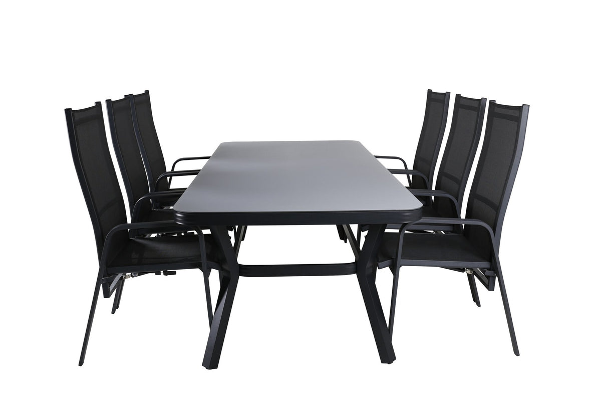 Schwarzer Gartentisch Virya mit Mattglasplatte und Aluminiumbeinen, dazu Stühle Copacabana mit Textilene-Sitzfläche und Pulverbeschichtung
