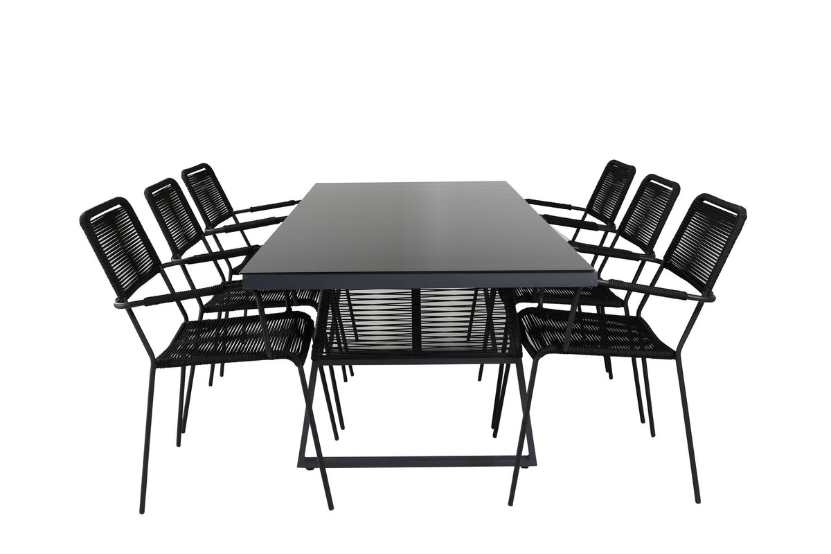 Esstisch Dallas mit sechs Stühlen Lindos, Gestell aus Aluminium und Geflecht in Schwarz, Tischplatte aus Glas, Outdoor-Set von Venture Home.