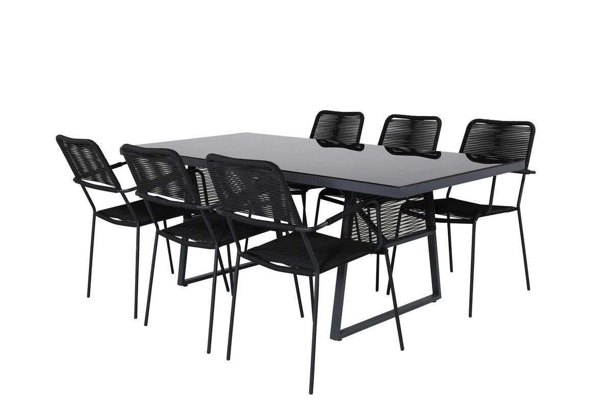 Esstisch Dallas mit sechs Stühlen Lindos, Gestell aus Aluminium und Geflecht in Schwarz, Tischplatte aus Glas, Outdoor-Set von Venture Home.