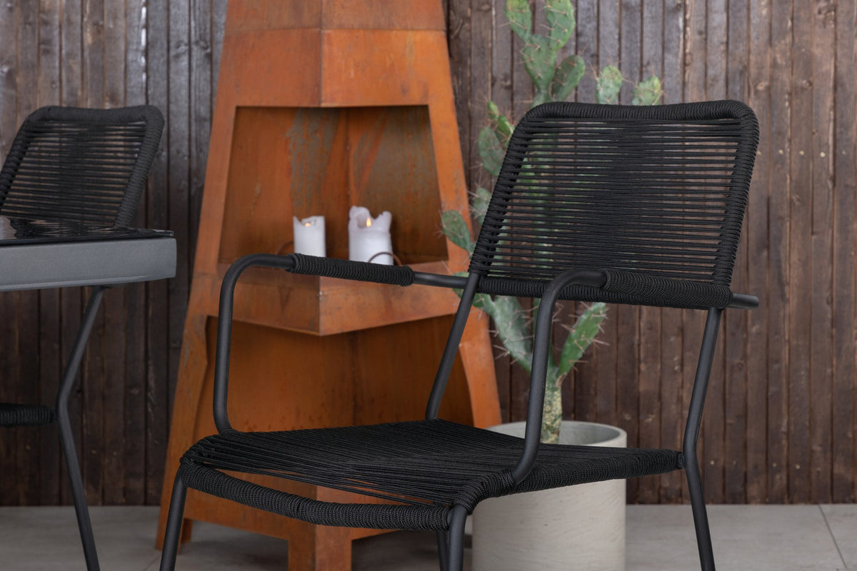 Esstisch Dallas mit sechs Stühlen Lindos, Gestell aus Aluminium und Geflecht in Schwarz, Tischplatte aus Glas, Outdoor-Set von Venture Home.