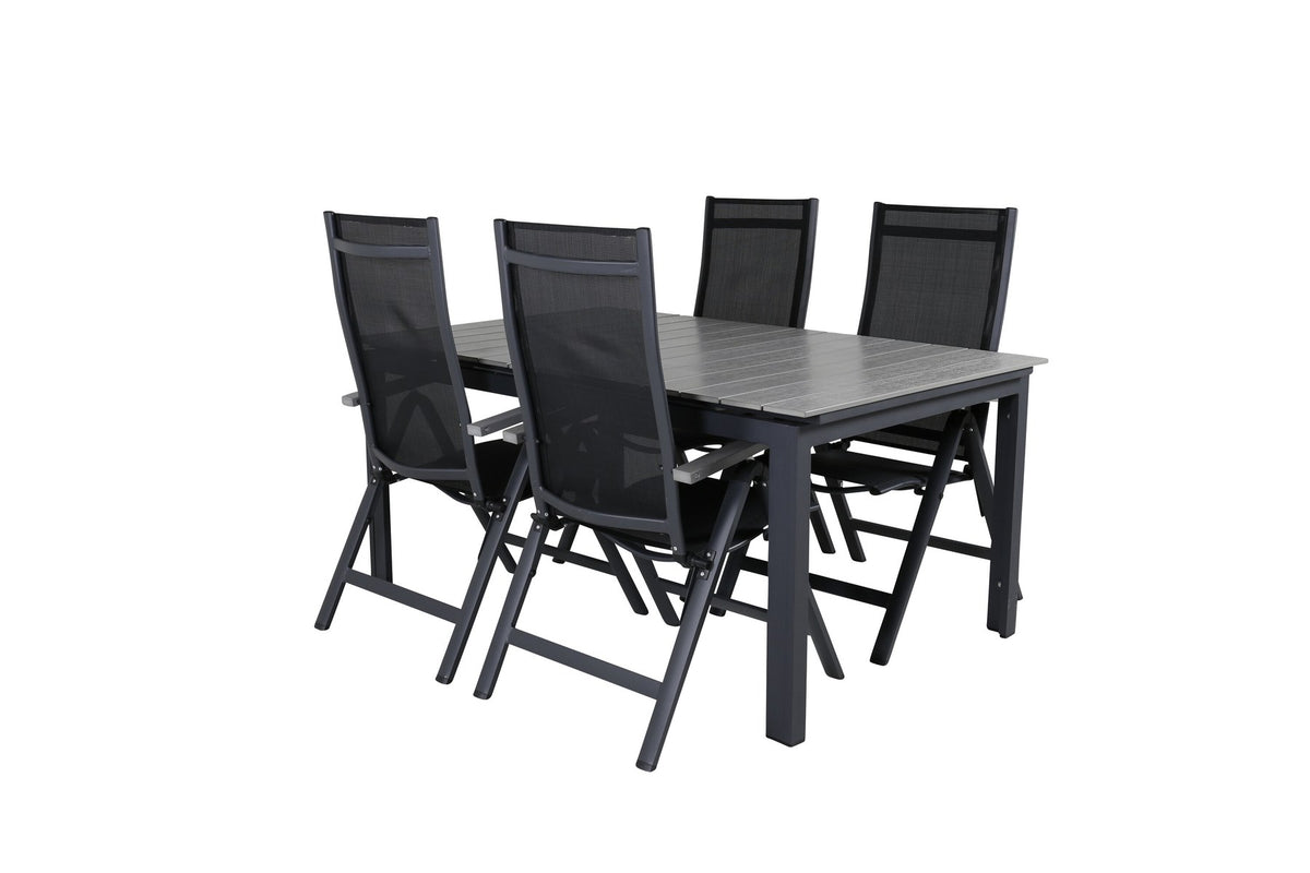 Schwarzer Albany-Stuhl mit grauem Teakholz und Textilene neben ausziehbarem Levels Gartentisch aus Aluminium und Aintwood in Schwarz/Grau