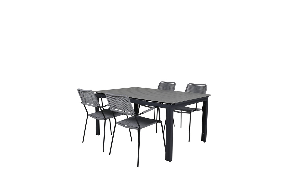 Rechteckiger Aintwood-Esstisch in Schwarz mit Stahlbeinen und zwei grauen Aintwood-Aluminium-Stühlen mit Pulverbeschichtung im Garten.