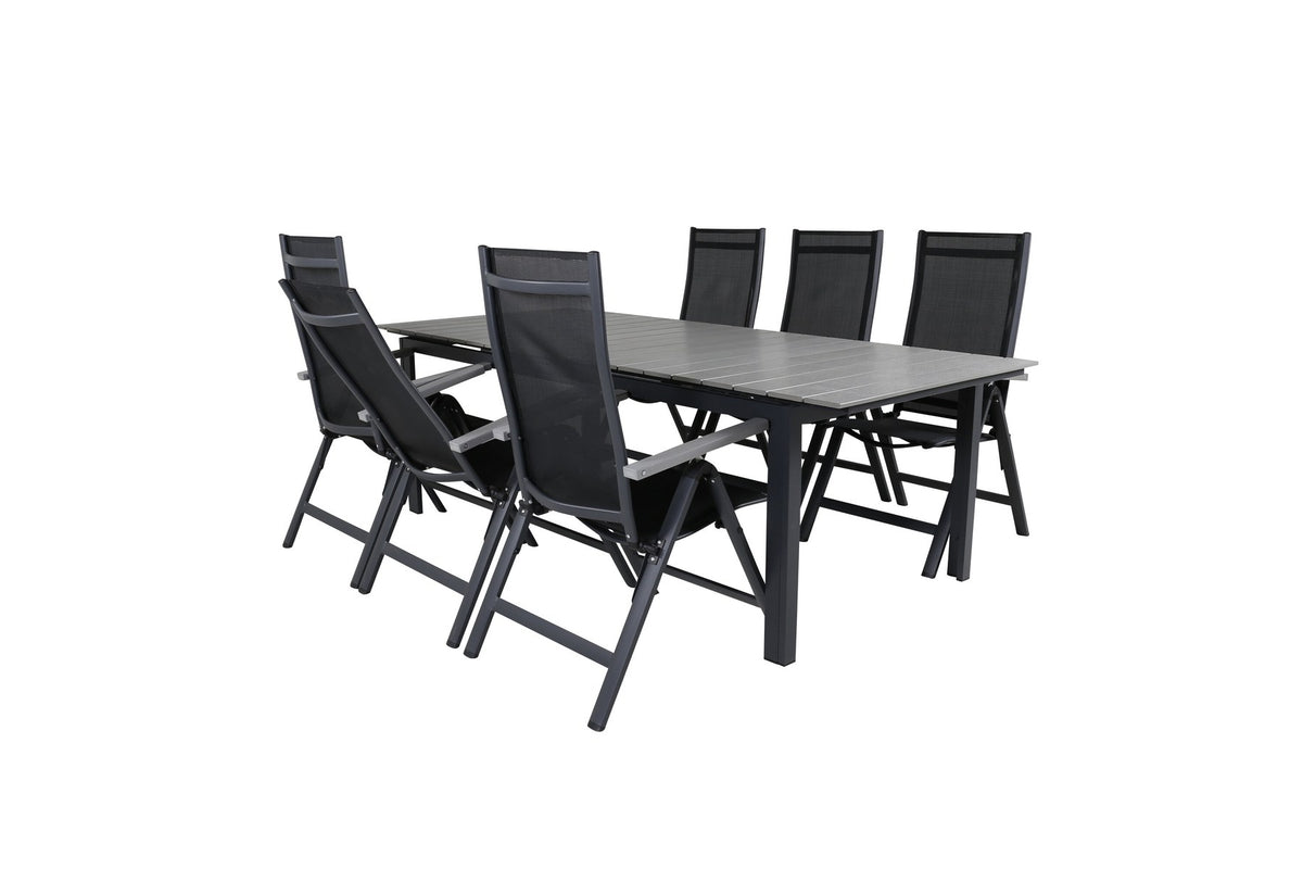 Schwarzes Gartentischset aus Aluminium und Aintwood: rechteckiger Esstisch mit grauer Tischplatte und zwei Positionsstühle, pulverbeschichtet.