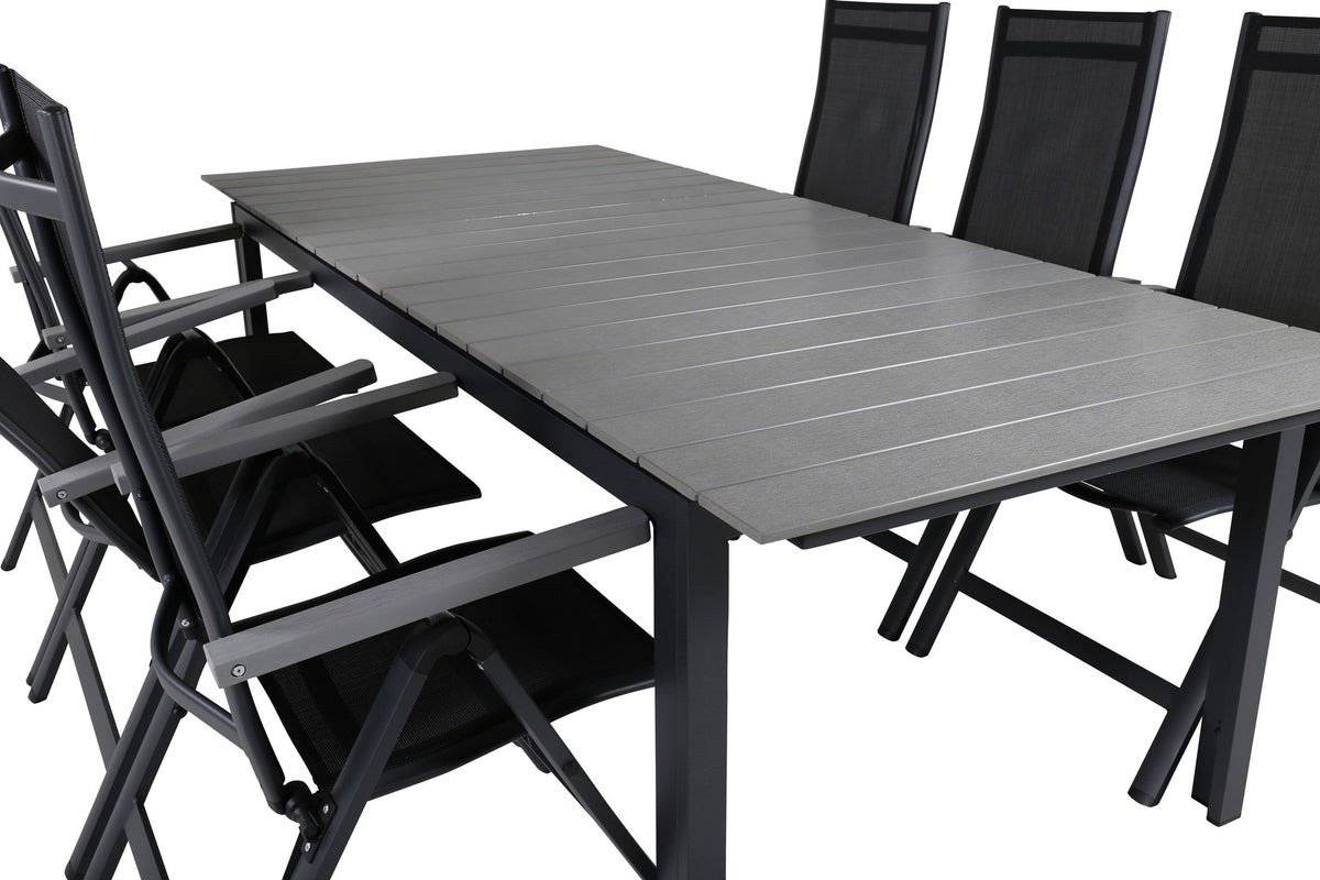 Schwarzes Gartentischset aus Aluminium und Aintwood: rechteckiger Esstisch mit grauer Tischplatte und zwei Positionsstühle, pulverbeschichtet.