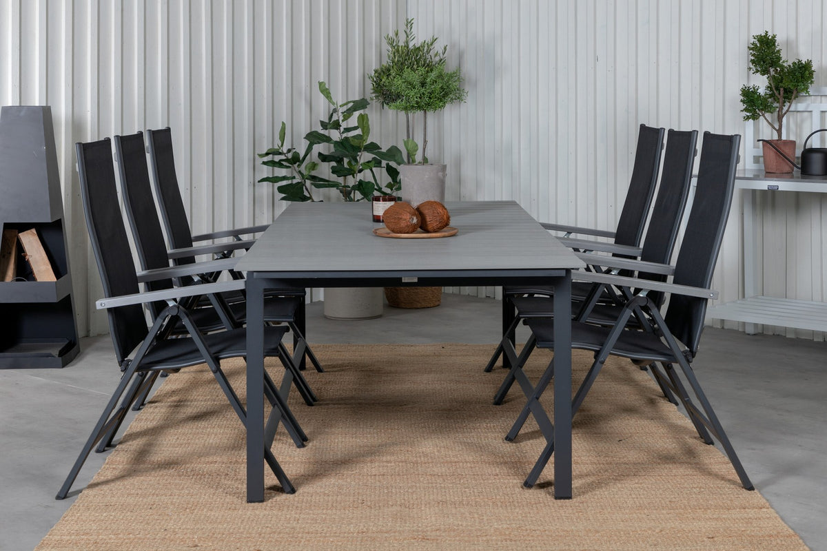 Schwarzes Gartentischset aus Aluminium und Aintwood: rechteckiger Esstisch mit grauer Tischplatte und zwei Positionsstühle, pulverbeschichtet.