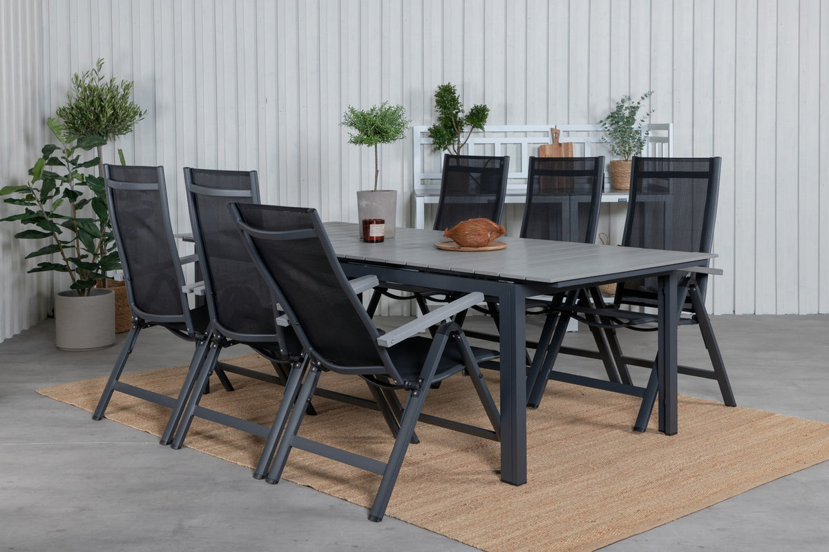 Schwarzes Gartentischset aus Aluminium und Aintwood: rechteckiger Esstisch mit grauer Tischplatte und zwei Positionsstühle, pulverbeschichtet.