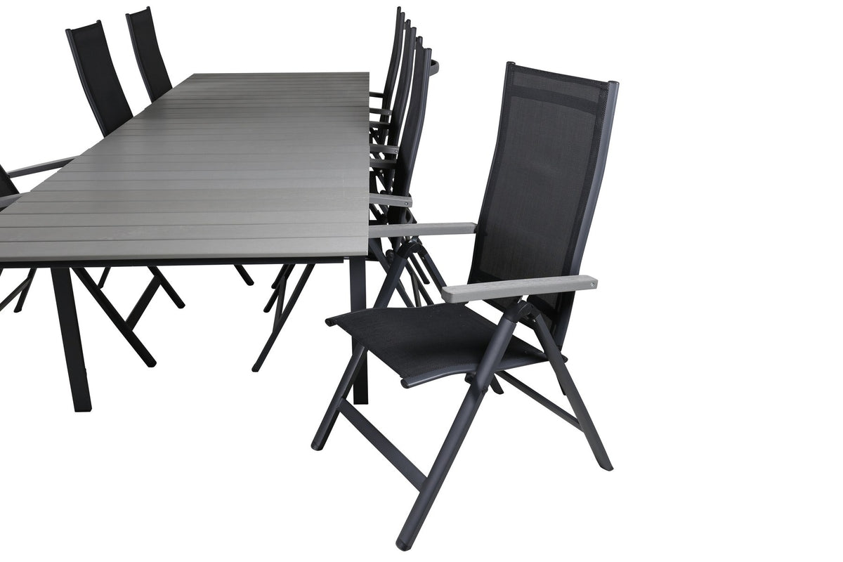 Schwarzes Gartentischset aus Aluminium und Aintwood: rechteckiger Esstisch mit grauer Tischplatte und zwei Positionsstühle, pulverbeschichtet.