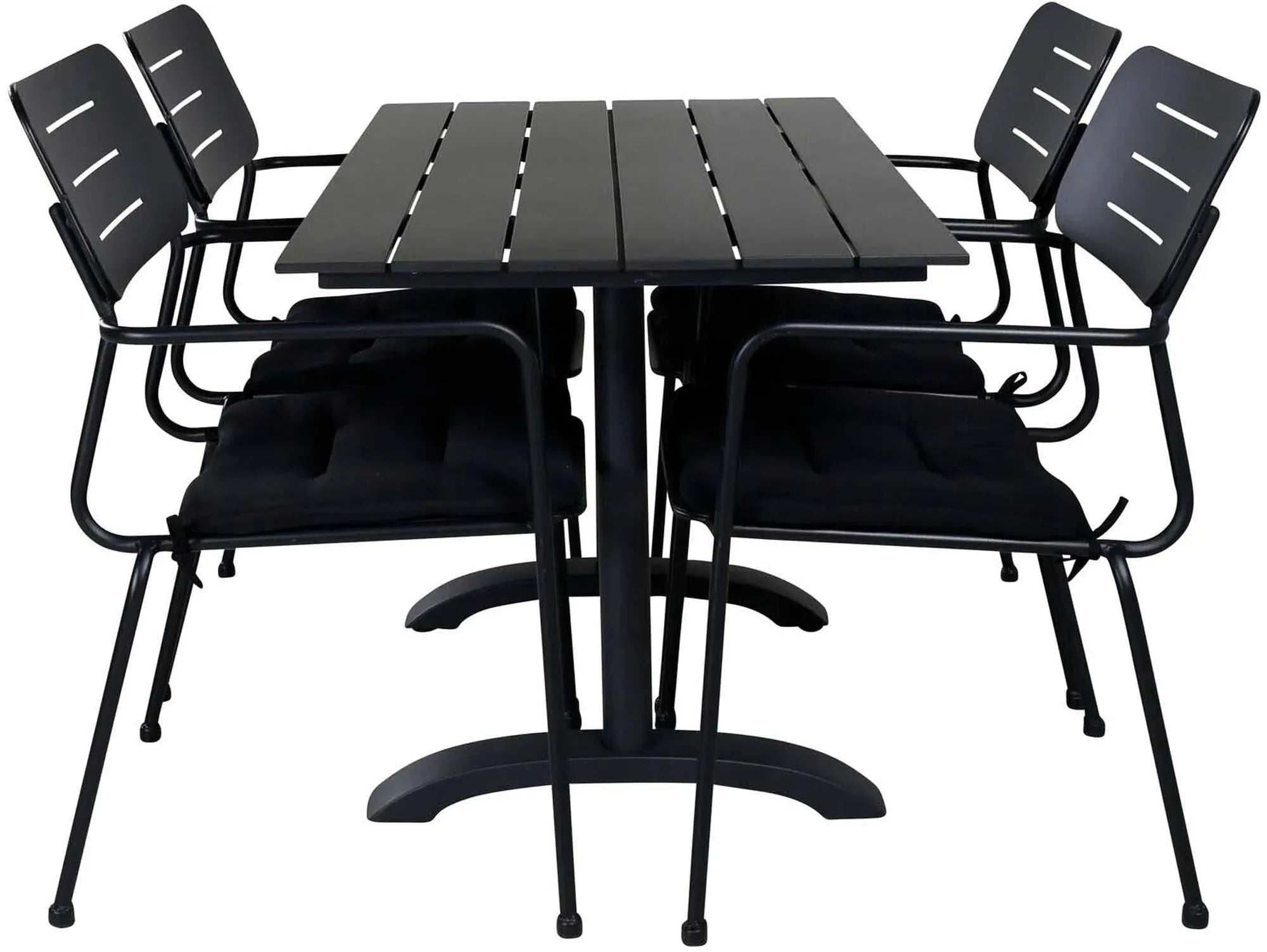 Stilvolles Denver Outdoor-Tischset von Venture Home: Robuster 120cm Stahltisch & 4 ergonomische Stühle in Holzoptik für Garten & Terrasse.