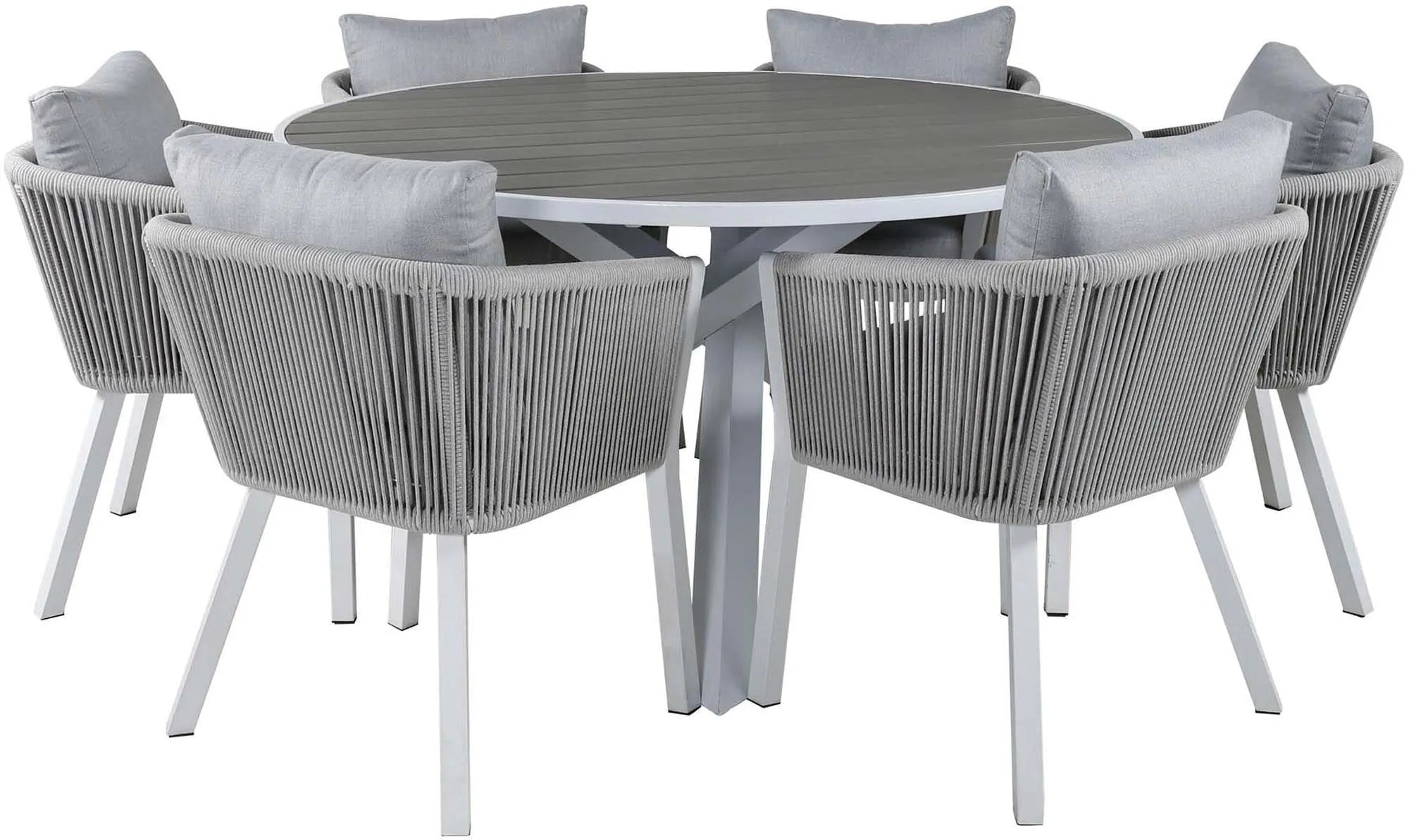 Stilvolles Parma Outdoor-Tischset mit 140cm Tisch und 6 Virya Stühlen, wetterfest und ideal für gesellige Sommerabende.