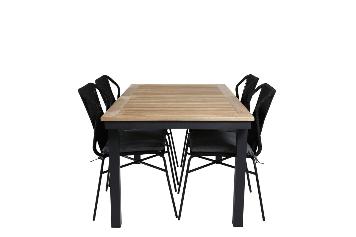 Schwarzes Gartentischset aus Aluminium und Teak: rechteckiger Esstisch 152x90 cm mit 4 Stühlen mit Polyesterbezug.