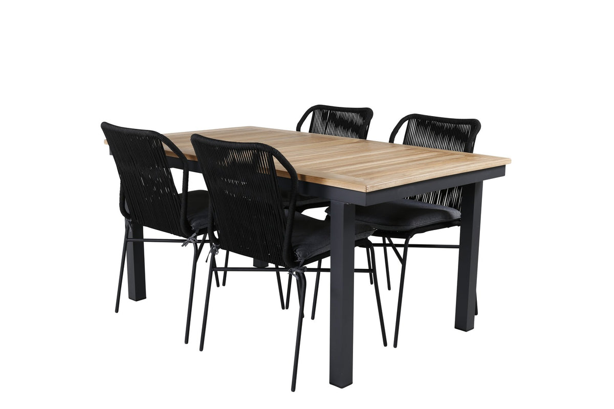Schwarzes Gartentischset aus Aluminium und Teak: rechteckiger Esstisch 152x90 cm mit 4 Stühlen mit Polyesterbezug.
