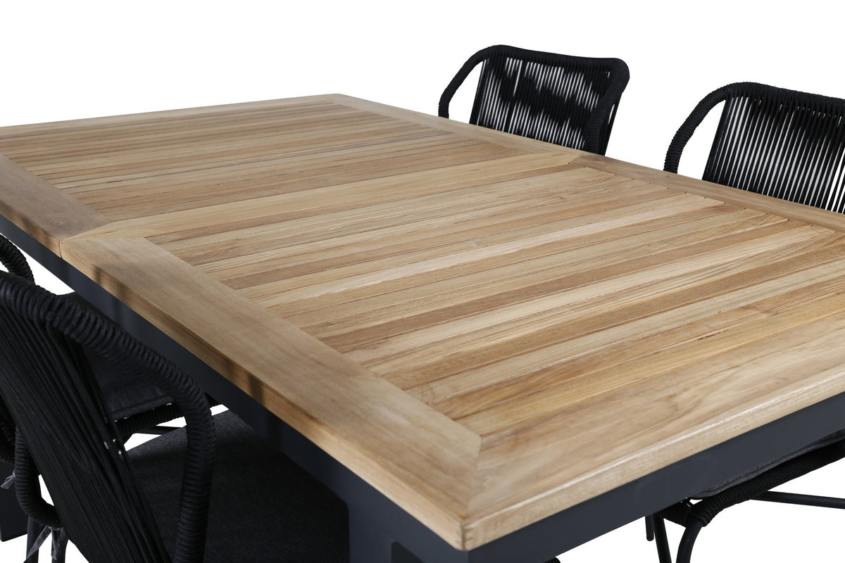 Schwarzes Gartentischset aus Aluminium und Teak: rechteckiger Esstisch 152x90 cm mit 4 Stühlen mit Polyesterbezug.