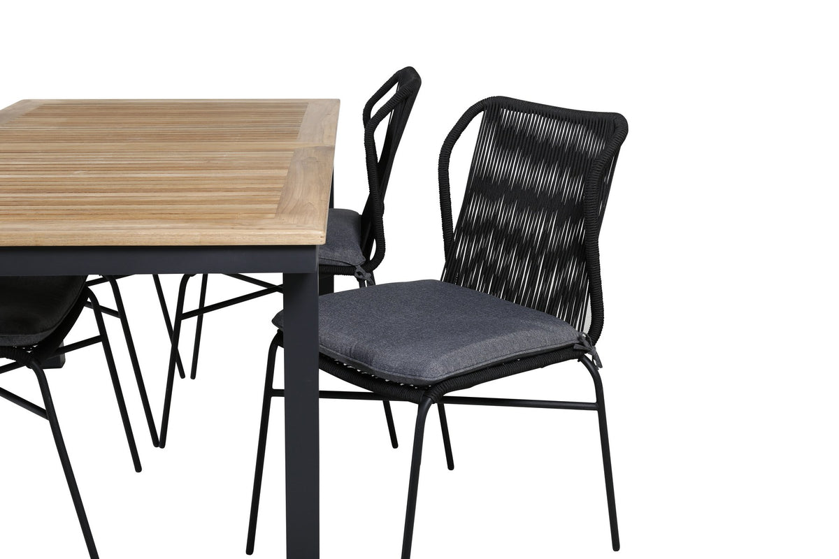 Schwarzes Gartentischset aus Aluminium und Teak: rechteckiger Esstisch 152x90 cm mit 4 Stühlen mit Polyesterbezug.