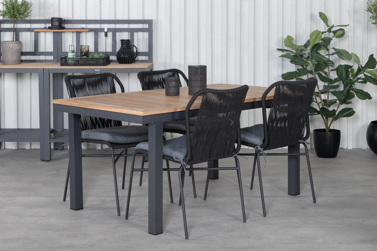 Schwarzes Gartentischset aus Aluminium und Teak: rechteckiger Esstisch 152x90 cm mit 4 Stühlen mit Polyesterbezug.