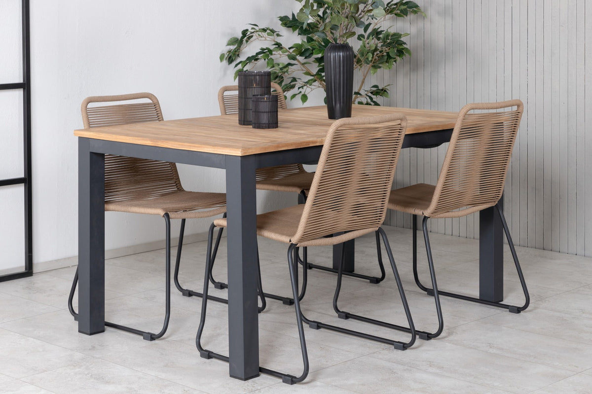 Gartentischset Panama & Lindos von Venture Home: Teak-Tisch mit grauer Platte und Stahlbeinen, dazu Stühle aus Aluminium und Teak in Braun.