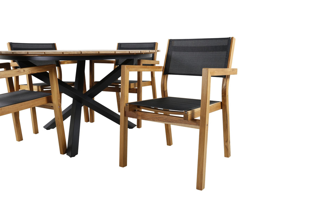 Rundes Gartentischset mit Teak-Tischplatte in Schwarz auf Akazienholzbeinen und zwei Aluminium-Teak Stühlen in Naturton, Outdoor-Möbel.