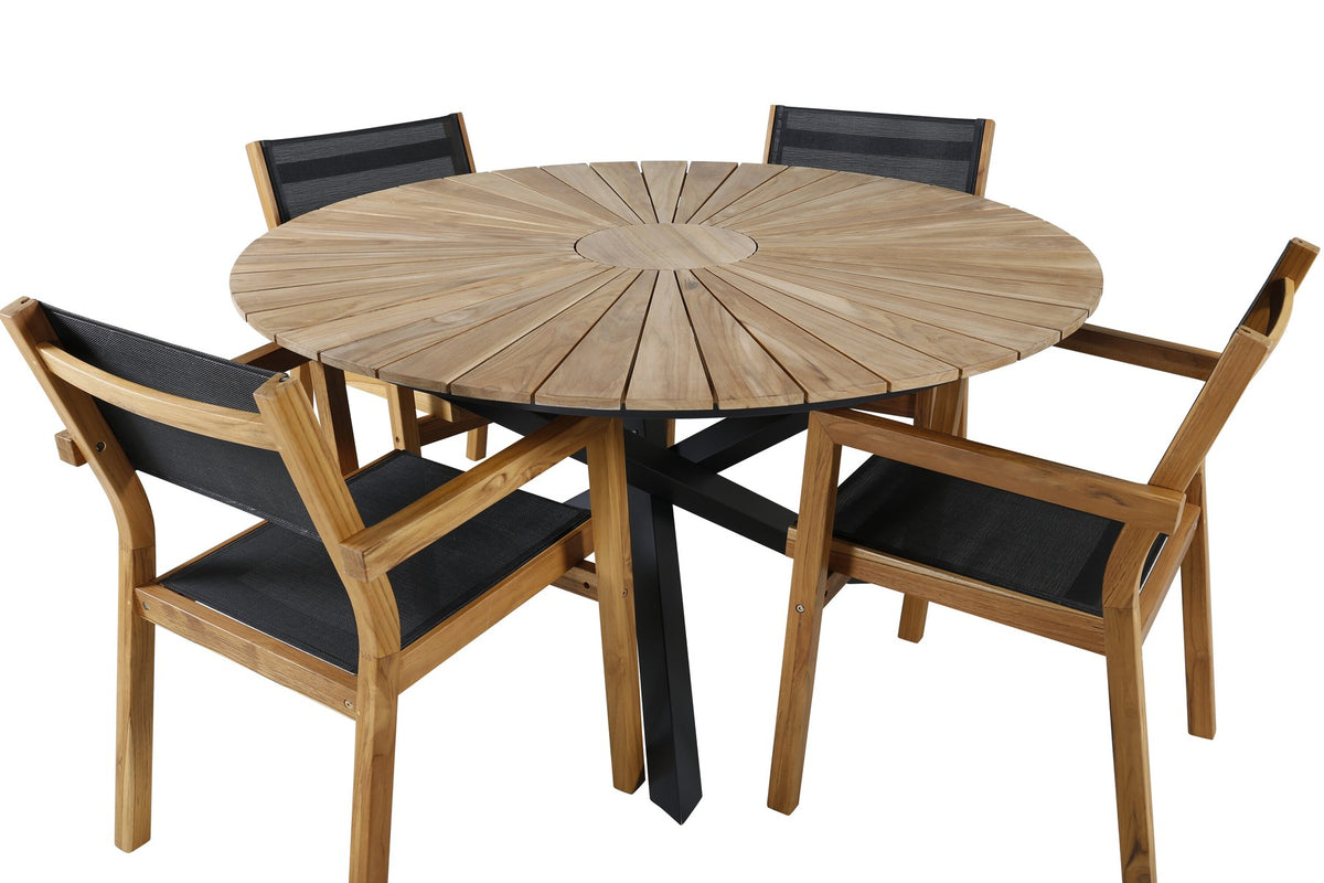 Rundes Gartentischset mit Teak-Tischplatte in Schwarz auf Akazienholzbeinen und zwei Aluminium-Teak Stühlen in Naturton, Outdoor-Möbel.