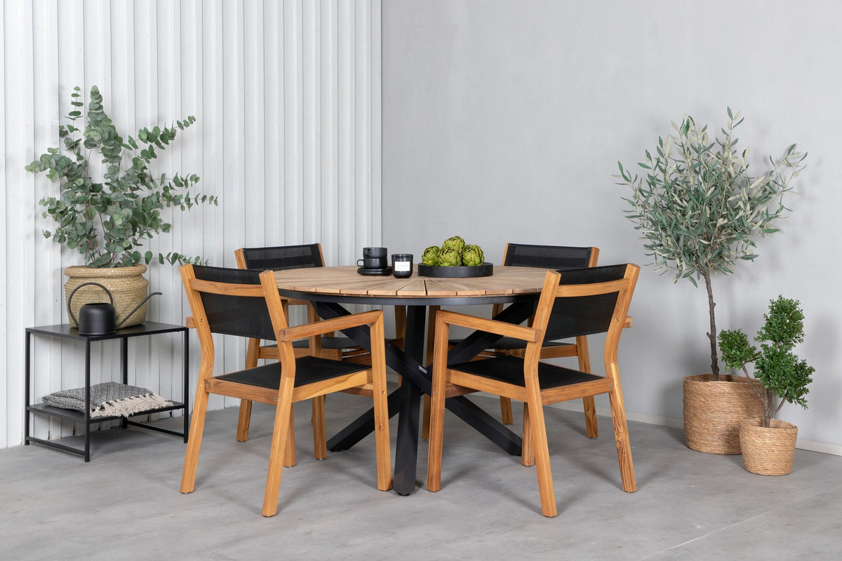 Rundes Gartentischset mit Teak-Tischplatte in Schwarz auf Akazienholzbeinen und zwei Aluminium-Teak Stühlen in Naturton, Outdoor-Möbel.