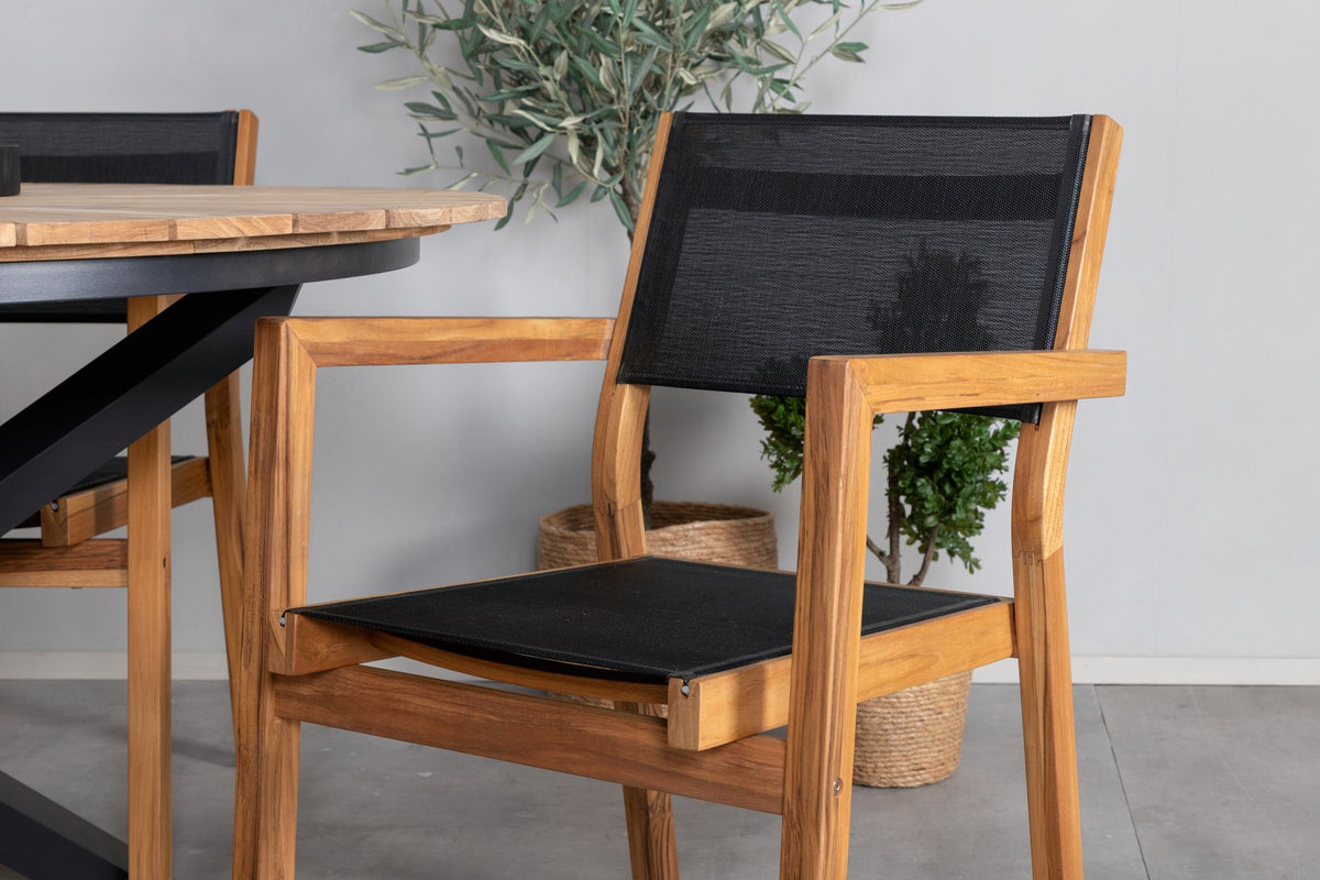 Rundes Gartentischset mit Teak-Tischplatte in Schwarz auf Akazienholzbeinen und zwei Aluminium-Teak Stühlen in Naturton, Outdoor-Möbel.