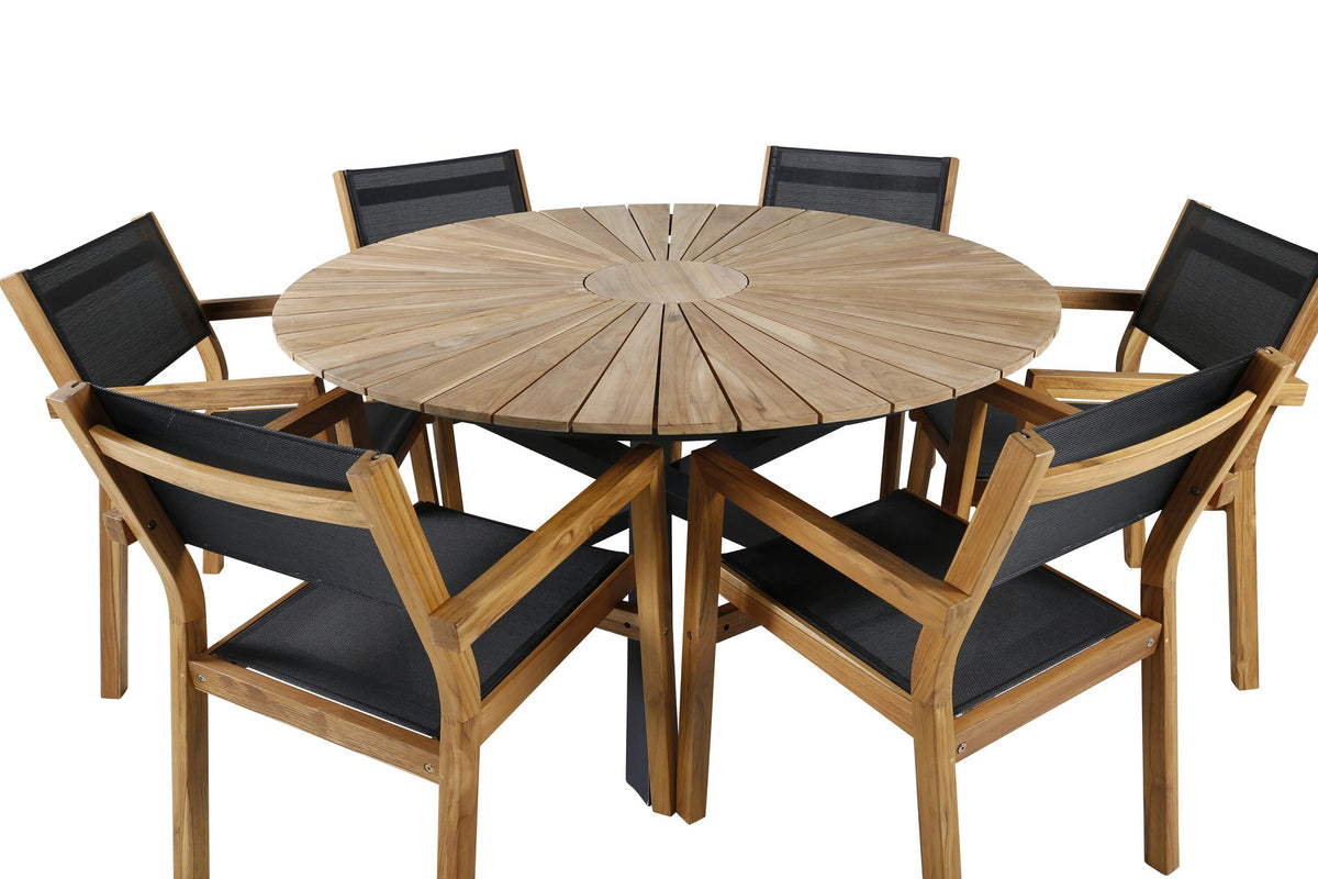 Rundes Gartentischset mit Teak-Tischplatte in Schwarz auf Akazienholzbeinen und zwei Aluminium-Teak Stühlen in Naturton, Outdoor-Möbel.